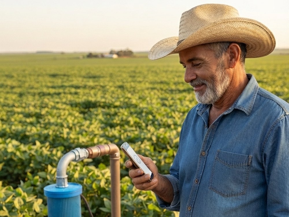 Produtor rural acompanhando o poço artesiano pelo celular, ao lado da cabeça do poço na propriedade.